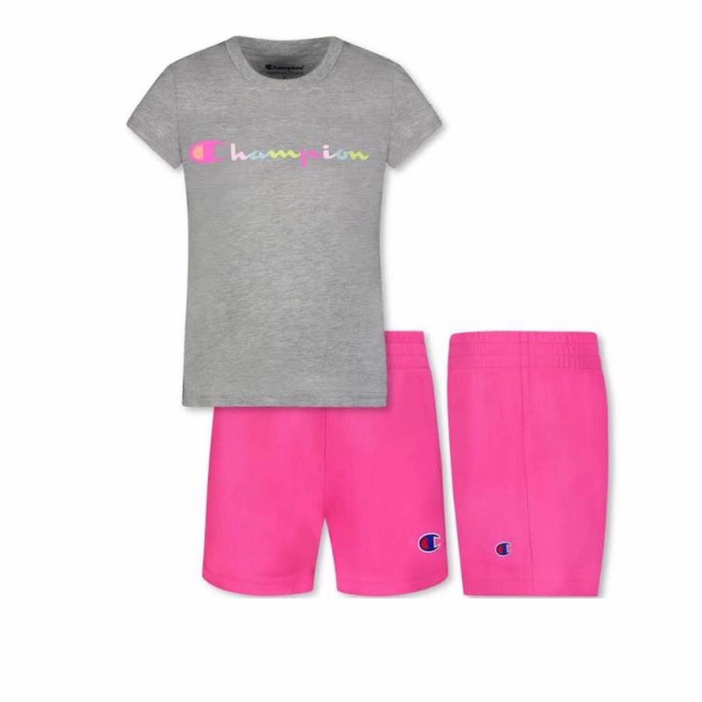 CHAMPION GIRLS’ SIZE 3T COLORBLOCK SCRIPT T-SHIRT & MESH SHORTS, SET OF 2